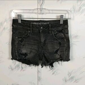 American Eagle Outfitters Black Distressed Women Shorts Super Stretch Midi 0